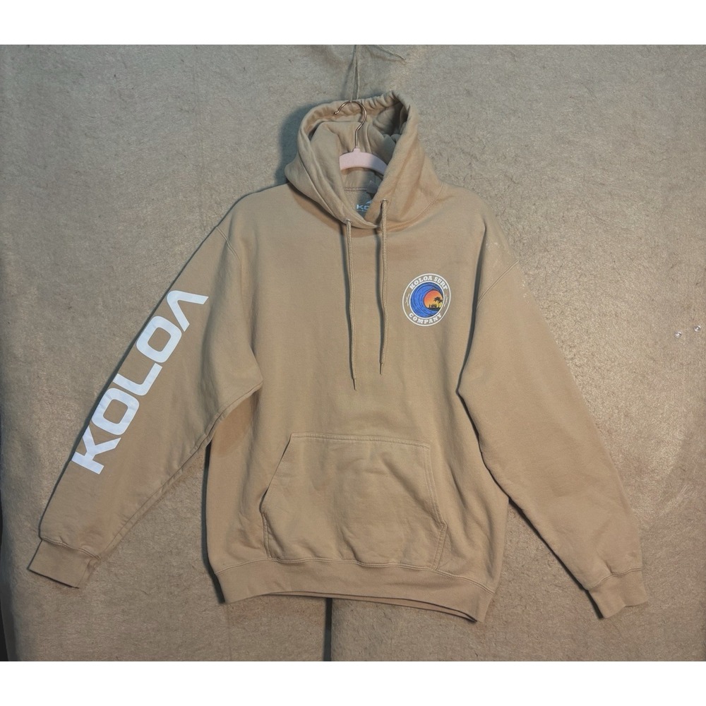 Koloa Surf Co Pullover Hoodie Mens Sz L‎ Tan Pocket Graphic Hawaii